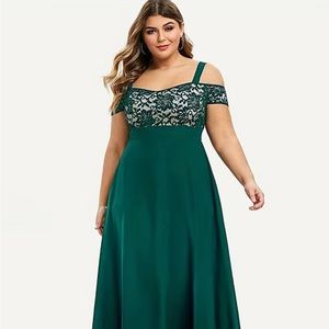 Plus Size Contrast Lace Chiffon 1 Shoulder Maxi Dress & Waist Flowy